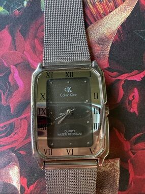 Calvin Klein Rectangular Black Dial Stainless Mesh Watch